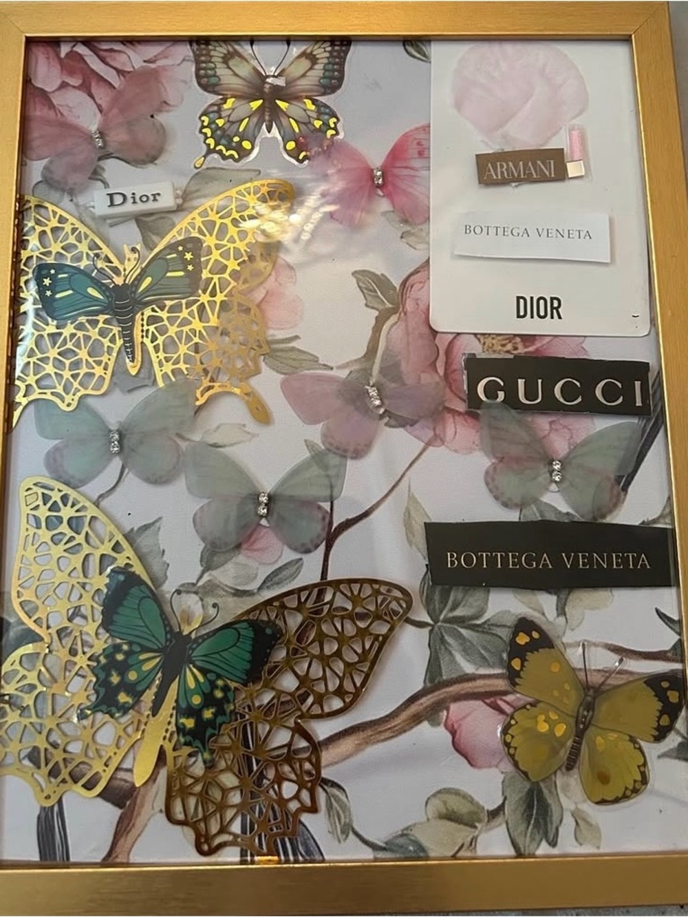 Dior Gold Frame Butterfly Wall Art with Green and Pink Accents